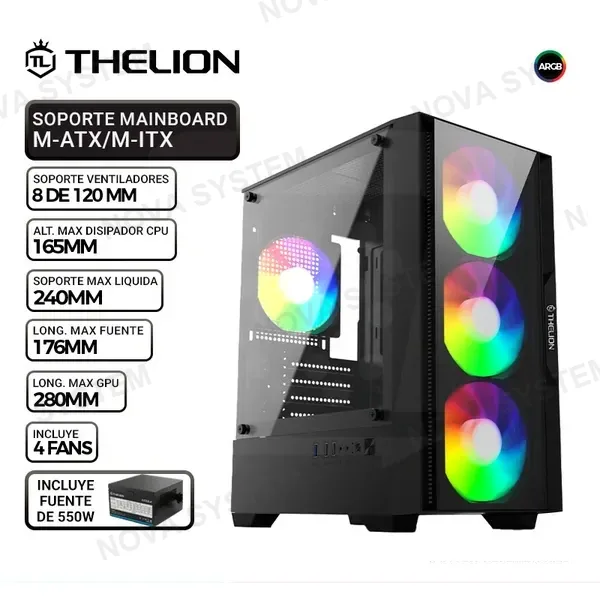 CASE THELION GLATIATOR GL308, FUENTE 550W, 4 COOLER ARGB, V/TEMPLADO