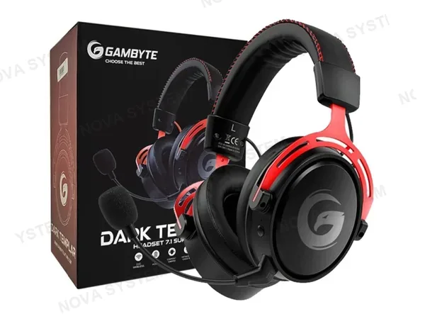 AURICULAR INALAMBRICO GAMBYTE DARK TEMPLAR GAMING 7.1 (BMBH415AR) CON MICROFONO, INTERFAZ JACK 3.5 MM, NEGRO C/ ROJO