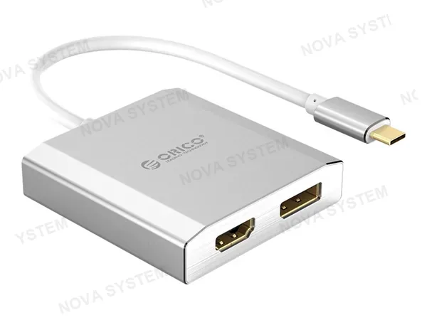 ADAPTADOR DE PUERTO TIPO C MACHO -- A -- PUERTO HDMI + PUERTO DISPLAYPORT HEMBRA, ORICO, COLOR BLANCO (XD-CFHD4-SV-BP)