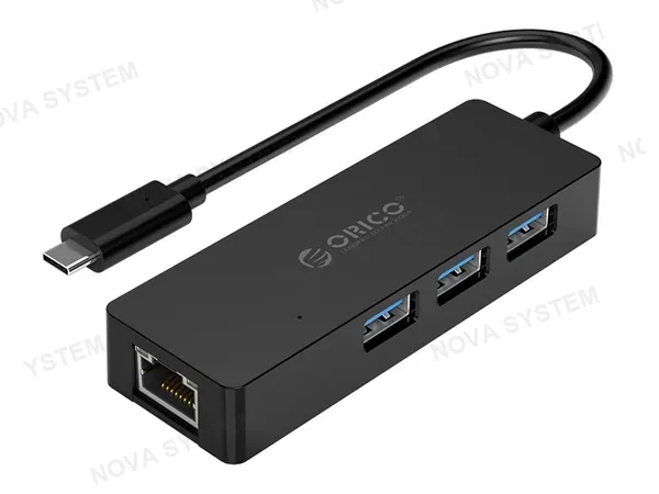 ADAPTADOR DE PUERTO TIPO C MACHO, CON 3 PUERTOS USB 3.0 HEMBRA, 1 ETHERNET RJ45 H, ORICO MULTIFUNCIONAL, COLOR NEGRO (CLH-3AR-BK)
