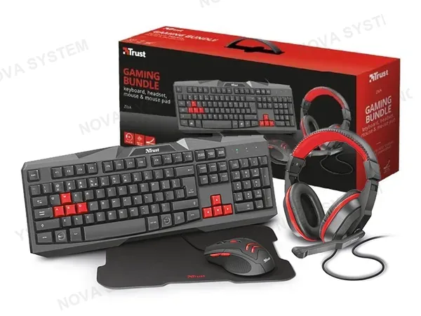 COMBO 4 EN UNO TRUST ZIVA GAMING TECLADO+ AURICULAR+MOUSE + MOUSEPAD, NEGRO