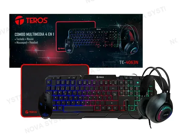 COMBO 4 EN UNO TEROS GAMER TE4063N (KBMSHDSTE4063N) TECLADO LED, MOUSE LED, AURICULAR LED, PAD MOUSE, NEGRO