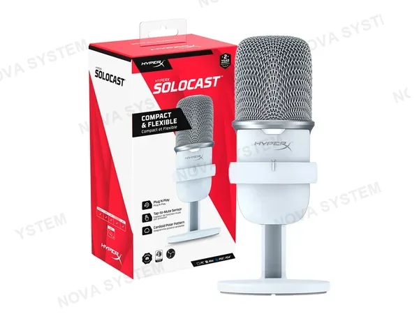 MICROFONO HYPERX SOLOCAST WHITE, PATRÓN POLAR CARDIOIDE, CONEXION USB-C, COMPATIBLE PC PS4 PS5 MAC, AJUSTABLE (519T2AA)