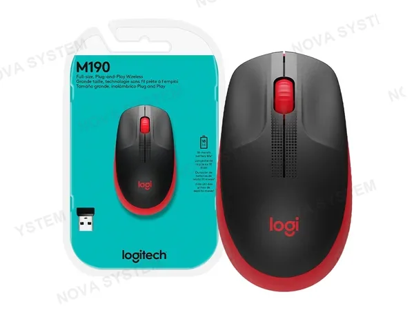 MOUSE INALAMBRICO LOGITECH M190, HASTA 1000 DPI, CON RECEPTOR USB, DISEÑO ERGONOMICO, 3 BOTONES, NEGRO C/ ROJO (910-005904)