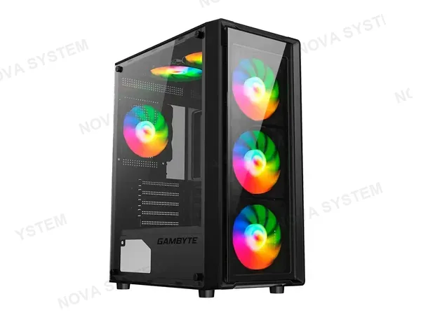CASE GAMBYTE SHIELD S/FUENTE (CS-SHI4RBWKG-LG) PANELES DE VIDRIO, 5 VENTILADORES, LED RAINBOW, NEGRO