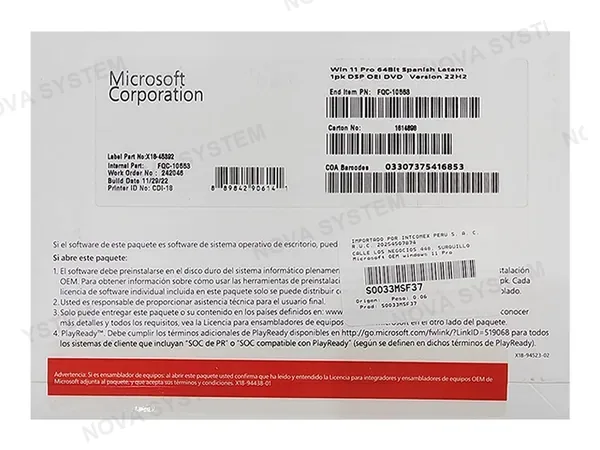LICENCIA WIN 11 PROFESIONAL 64BIT MICROSOFT OEM PERPERTUA EN DVD | 1 PC | ESPAÑOL ( FQC-10553 )