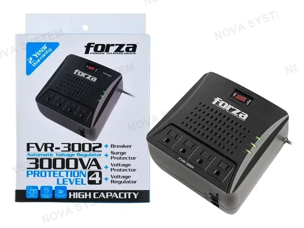 ESTABILIZADOR FORZA 3000VA 4 TOMAS, PROTECCIÓN PARA LÍNEA DE DATOS, PROTECCION DE SOBRETENCIONES, LUZ LED DE ESTADO, COLOR NEGRO (FVR-3002)