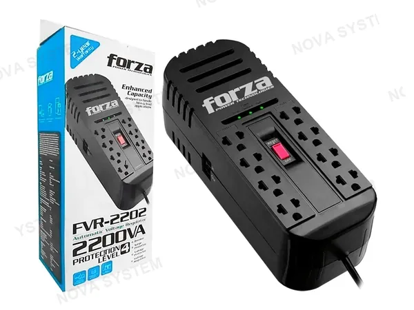 ESTABILIZADOR FORZA 2200VA / 1100W 8 TOMAS, FRECUENCIA 50 / 60HZ, DIMENSION 250X95X80MM, INTERRUPTOR ILUMINADO, COLOR NEGRO (FVR-2202)