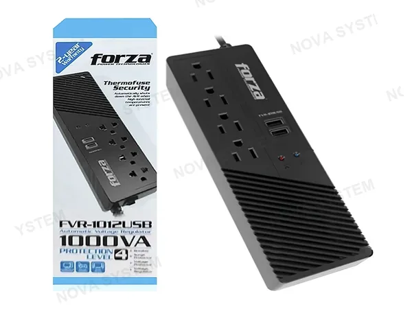 ESTABILIZADOR FORZA 1000VA 4 TOMAS, 2 PUERTO USB, CAPACIDAD 1000VA / 500W, ENTRADA NEMA 5 -15P, INDICADOR DE LUZ LED, COLOR NEGRO (FVR-1012USB)