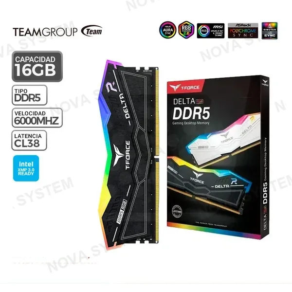 MEM. RAM TEAMGROUP T-FORCE DELTA RGB, BLACK, 16GB DDR5 6000 Mhz.