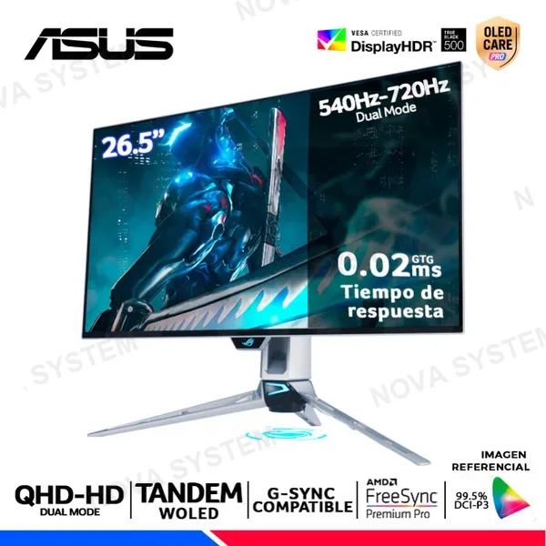 MONITOR ASUS Rog Swift PG27AQWP-W, 26.5" OLED, 2K QHD Dual Mode QHD 540Hz, HD 720Hz, 0.02ms, Compatible G-Sync