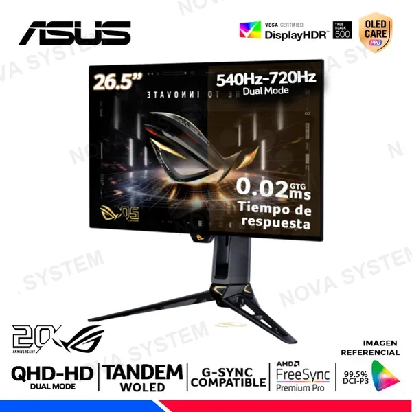 MONITOR ASUS Rog Swift PG27AQWP-G Edicion 20, 26.5" OLED, Dual Mode 540Hz, 720Hz, 0.02ms, Compatible G-Sync
