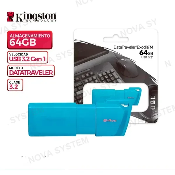 MEM, USB KINGSTON DATATRAVELER EXODIA M, 64GB USB 3.2 Gen 1, Neon Aqua Blue