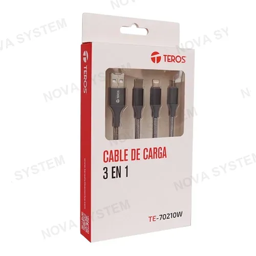 CABLE USB, TEROS, TE-70210W, TIPO A - TIPO C/LIGHTNING/MICRO USB, 3.5A, 17.5W MAX, GRIS