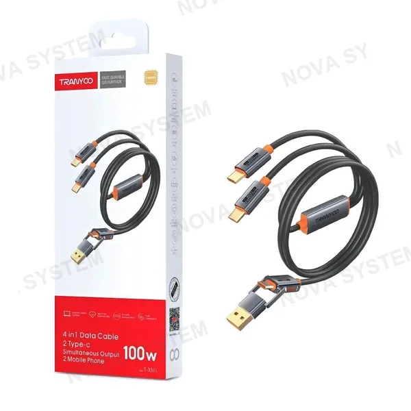 T-XS11 1.2m/100w Cable de Carga 4 en 1 USB Tipo-C PD Mallado Tranyoo