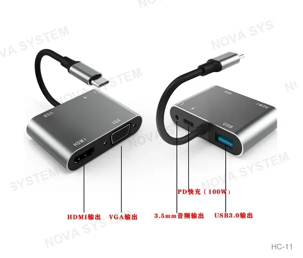 HC-11 Adaptador Tipo-C a HDMI+VGA+USB3.0+PD(100 )+3.5mm