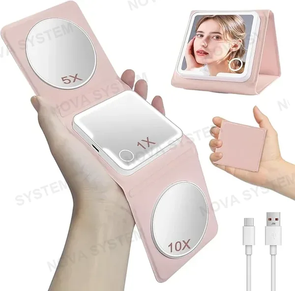 SK2403 Espejo TrIPle Plegable con Revestimiento PU y Luz LED