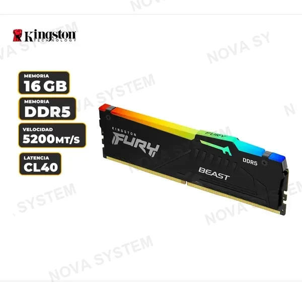 MEMORIA RAM KINGSTON FURY BEAST 16GB DDR5-5200MT/S PC5- CL40, RGB (KF552C40BBA-16)