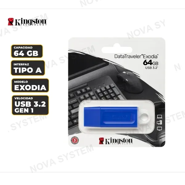 MEMORIA USB KINGSTON DATATRAVELER EXODIA 64GB 3.2 GEN 1 (TIPO-A) COLOR BLUE