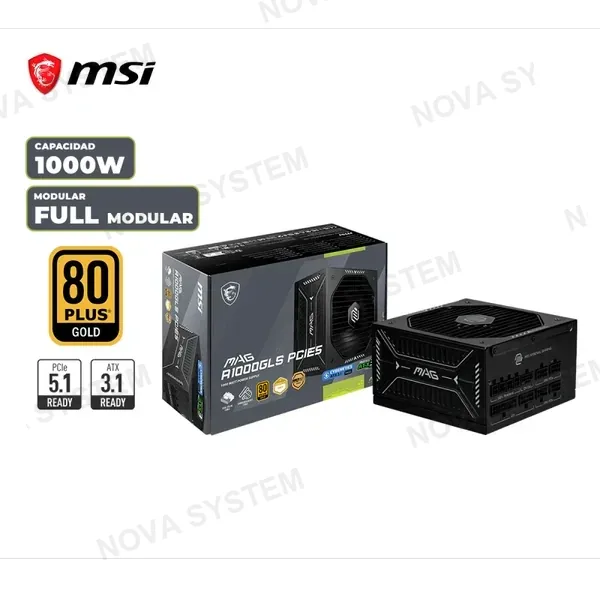 FUENTE DE PODER MSI MAG A1000GLS PCI-E 5, 1000W, 80 PLUS GOLD, FORMATO ATX