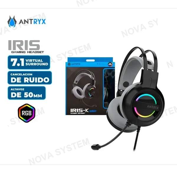 AUDIFONO GAMER ANTRYX IRIS-K GRAY C/N MICROFONO 7.1 VIRTUAL FIXED RAINBOW CONEXION USB (PN: AGH-7100KGY)