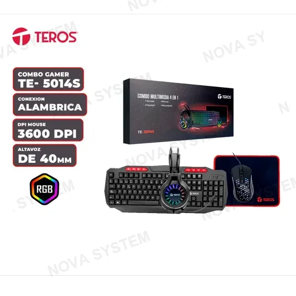 COMBO MULTIMEDIA TEROS 4 EN 1 TE-5014S BLACK TECLADO, MOUSE, AUDIFONO Y MOUSEPAD