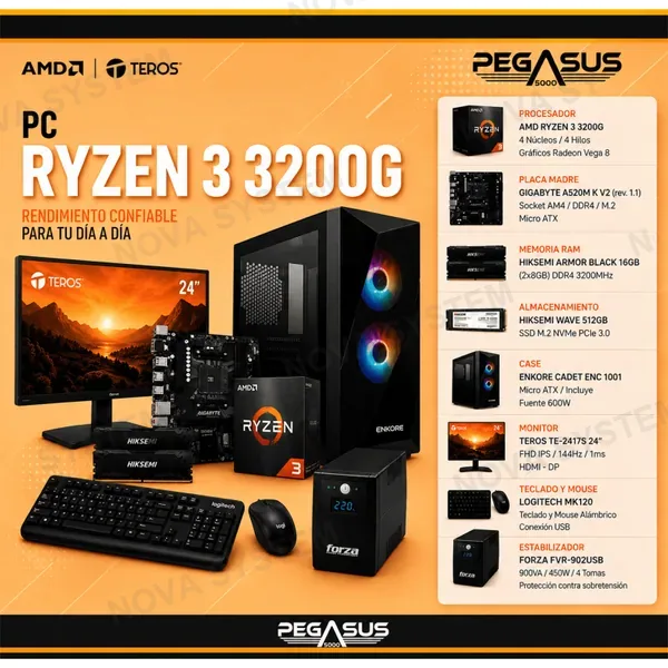 PC Ryzen 3 3200G | 16GB | 512GB | 24" 144Hz | Radeon Vega 8 | W11