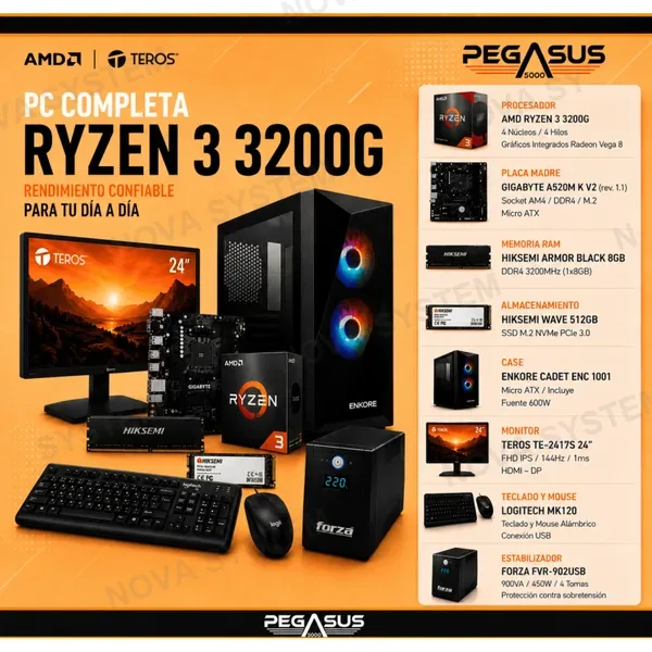 PC Ryzen 3 3200G | 8GB | 512GB NVMe | 24" 144Hz | Radeon Vega 8