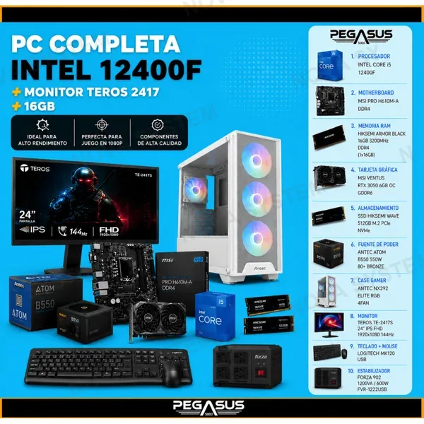 PC Core i5-12400F | 16GB DDR4 | SSD NVMe 512GB | RTX 3050 6GB | Monitor 24" 144Hz