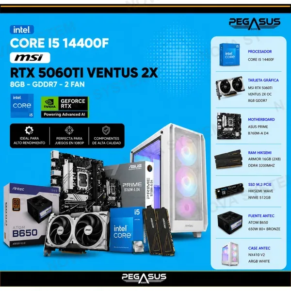 PC GAMER INTEL i5-14400F + RTX 5060 Ti 8GB | 16GB RAM | SSD 512GB
