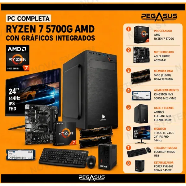 PC AMD RYZEN 7 5700G | GRÁFICOS RADEON | 16GB RAM | SSD 500GB | 24" 144HZ