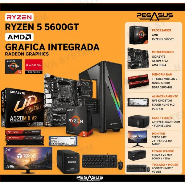 PC Ryzen 5 5600GT | Radeon Graphics | 16GB RAM | SSD NVMe 500GB | Monitor 24" 144Hz