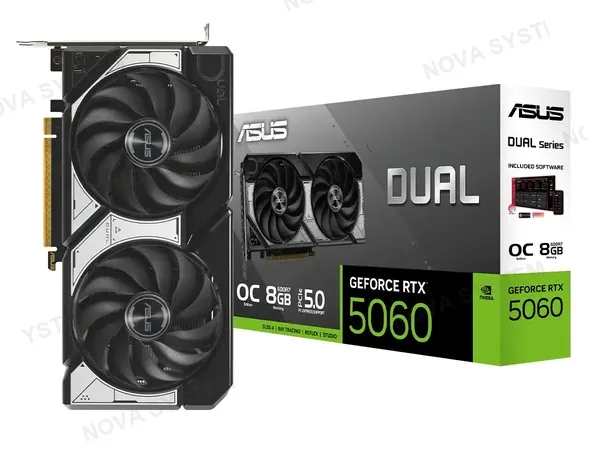 TARJETA DE VIDEO ASUS GEFORCE RTX 5060 8GB DUAL OC GDDR7 (90DUAL-RTX5060-O8G) NVIDIA 128 BITS, 2 VENTILADORES