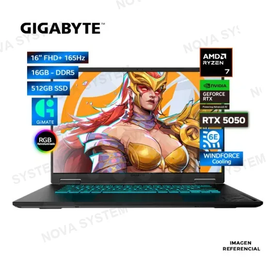 LAPTOP GIGABYTE Gaming A16 Amd Ryzen 7 260, 16GB DDR5, SSD 512GB, RTX 5050 8GB, 16" WUXGA