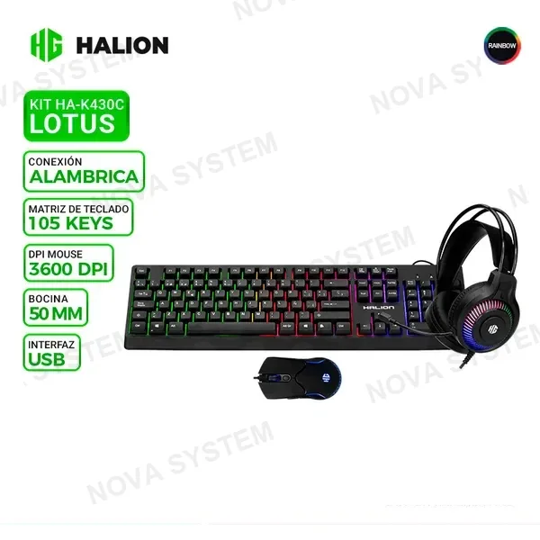 COMBO GAMER HALION 4 en 1 LOTUS HA-K430C, Teclado + Mouse + Pad Mouse + Auricular