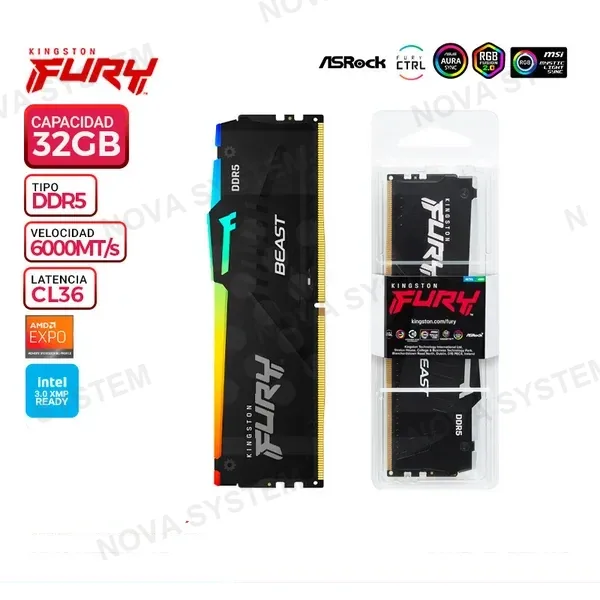 MEM. RAM KINGSTON FURY BEAST RGB, 32GB DDR5 6000 MHz, CL36