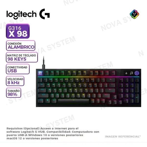 TECLADO LOGITECH G316 X 98, 8 KHZ, LIGHTSYNC RGB, BLACK