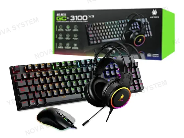 COMBO 3 EN UNO ANTRYX GC-3100 X3 BLACK (AGC-3100X3KBL-SP) TECLADO MECANICO, SWITCH BLUE, MOUSE 8 BOTONES, 7200 DPI, AURICULAR RGB