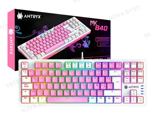 TECLADO GAMER ANTRYX CHROME STORM MK840 PINK (AMK-CS840PRE-SP) MECANICO, SWITCH RED, ROSADO