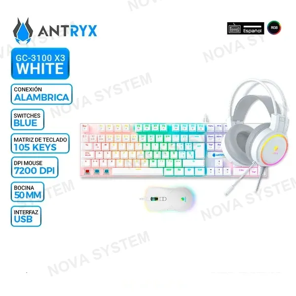 KIT GAMING ANTRYX GC-3100 X3 WHITE, TECLADO SWITCH BLUE, MOUSE, AURICULAR