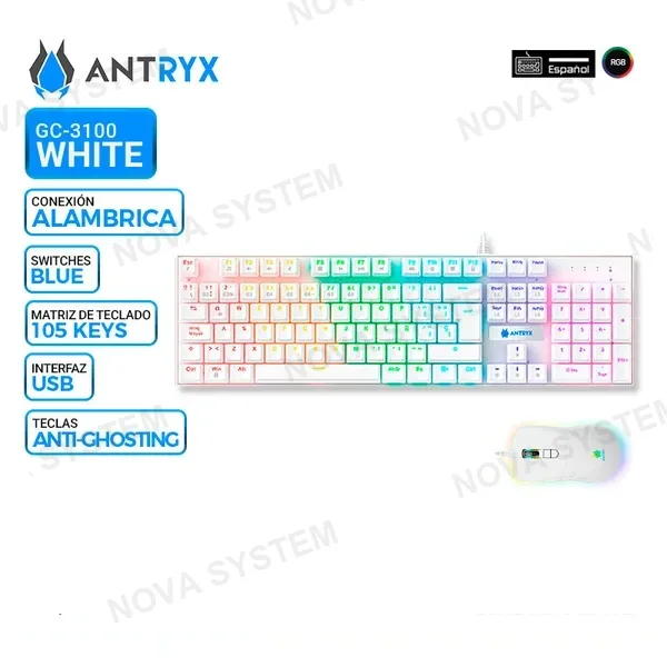 KIT GAMING ANTRYX GC-3100 WHITE, TECLADO SWITCH BLUE Y MOUSE