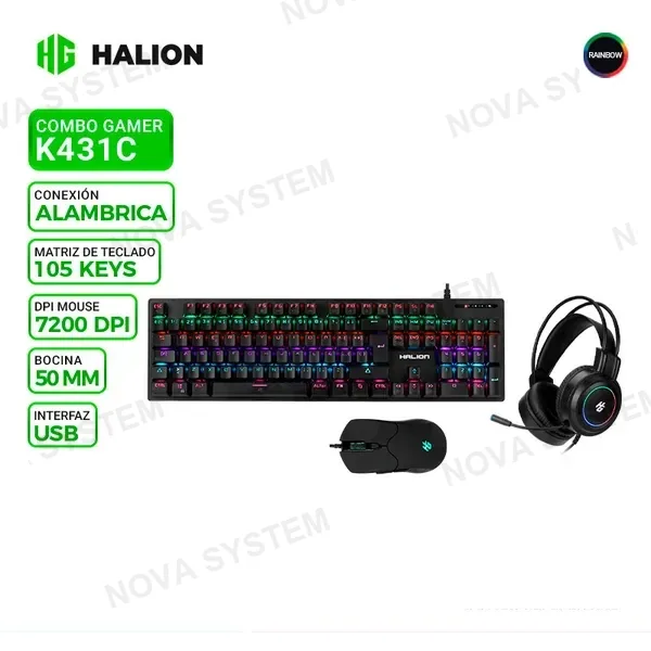 KIT GAMING HALION ICECOOL HA-K431C BLACK, TECLADO SWITCH RED, MOUSE Y AURICULAR