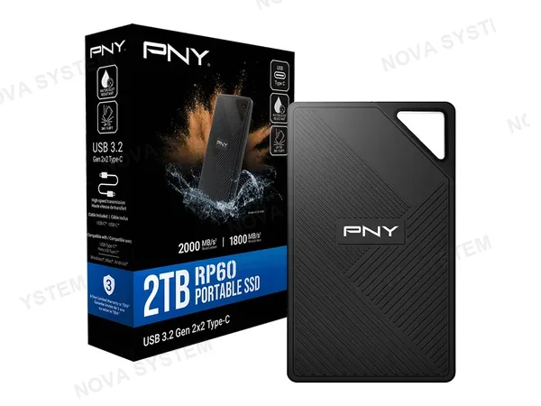 DISCO SOLIDO EXTERNO PNY 2TB RP60 (PSD0CS3060-2TB-RB) CONEXION USB C, LECTURA 2000MB/S, NEGRO