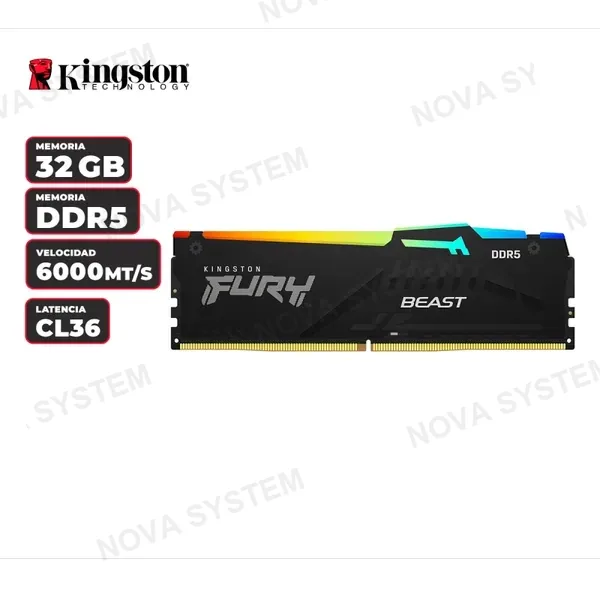MEMORIA RAM KINGSTON FURY BEAST RGB BLACK 32GB DDR5 6000MT/S CL36 (PN: KF560C36BBEA-32)