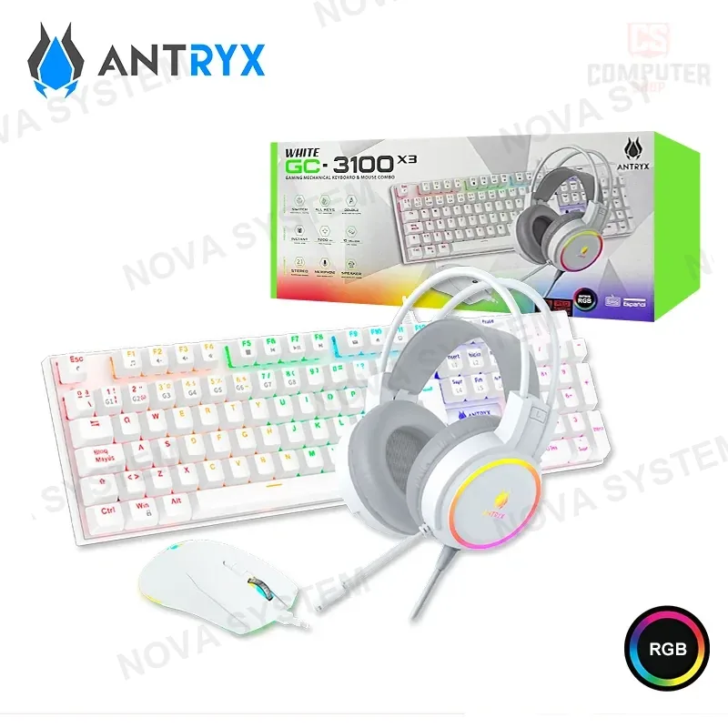 Antryx KIT ANTRYX GC3100 X3 WHITE RGB TECLADO SWITCH RED + AUDIFONO + MOUSE (PN:AGC-3100X3WRE-SP)