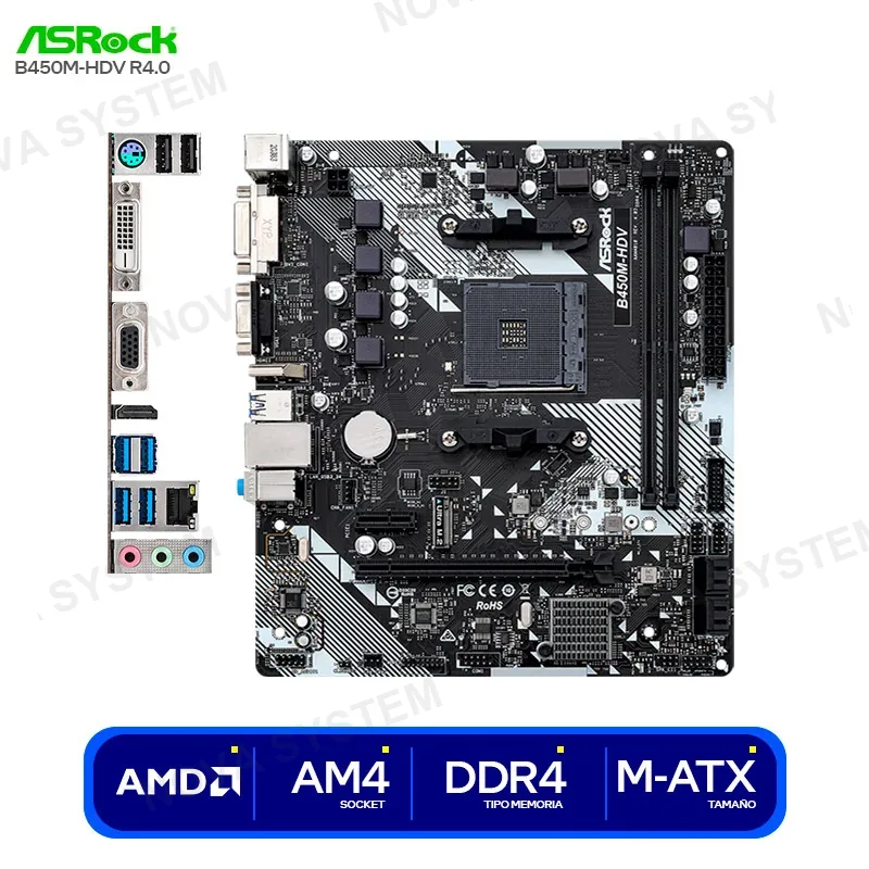 ASROCK PLACA MADRE ASROCK B450M-HDV R4.0 (90-MXB9N0-A0UAYZ) SOCKET AM4, RAM DDR4 BUSS 3200OC MHZ
