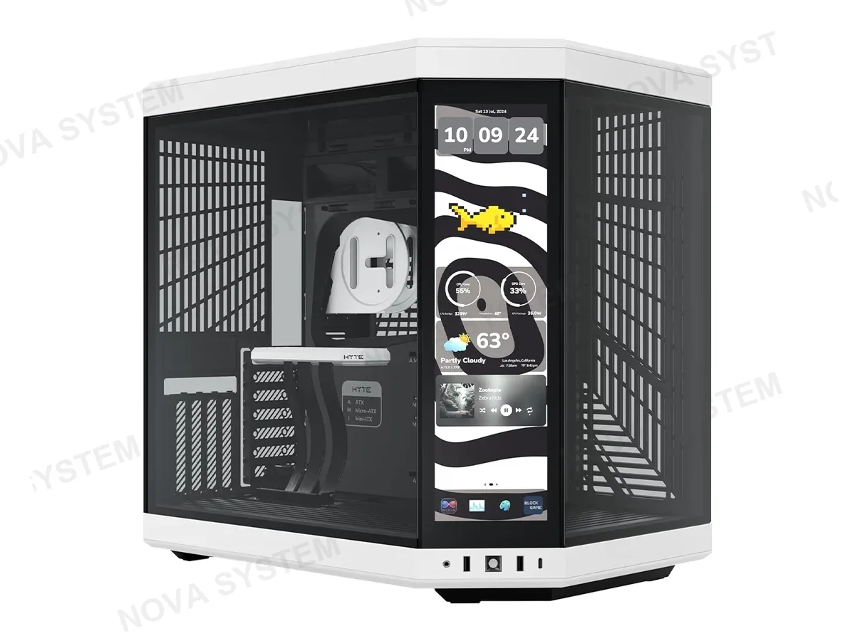 HYTE CASE HYTE Y70 TOUCH IN S/FUENTE INFINITE WITH 14.9" PANDA BK SNOW (CS-HYTE-Y70TTI-WB) MID TOWER, PANELES DE VIDRIO TEMPLADO, NEGRO Y BLANCO