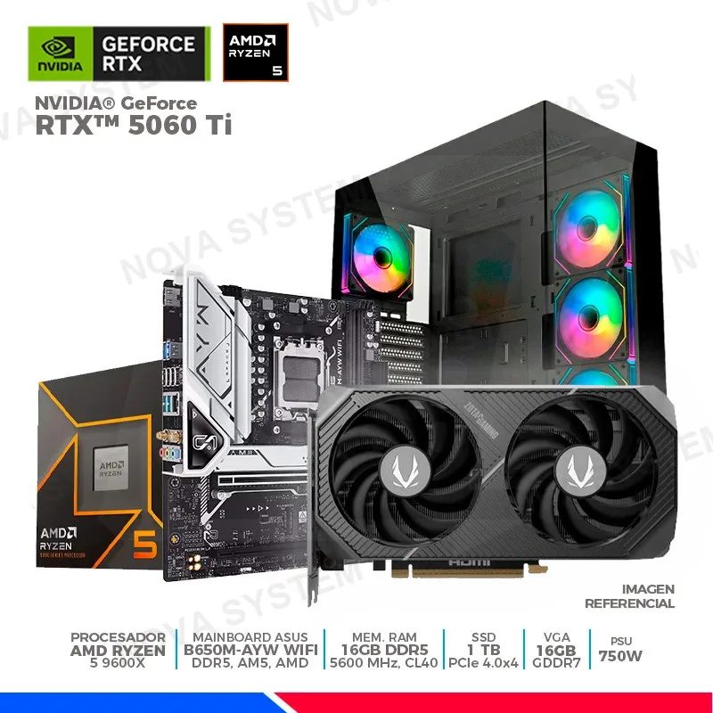 Pc Gaming plus: GeForce RTX 5060 Ti, Ryzen 5 9600X, 16GB DDR5, SSD 1TB, FUENTE 750W, CASE ARGB