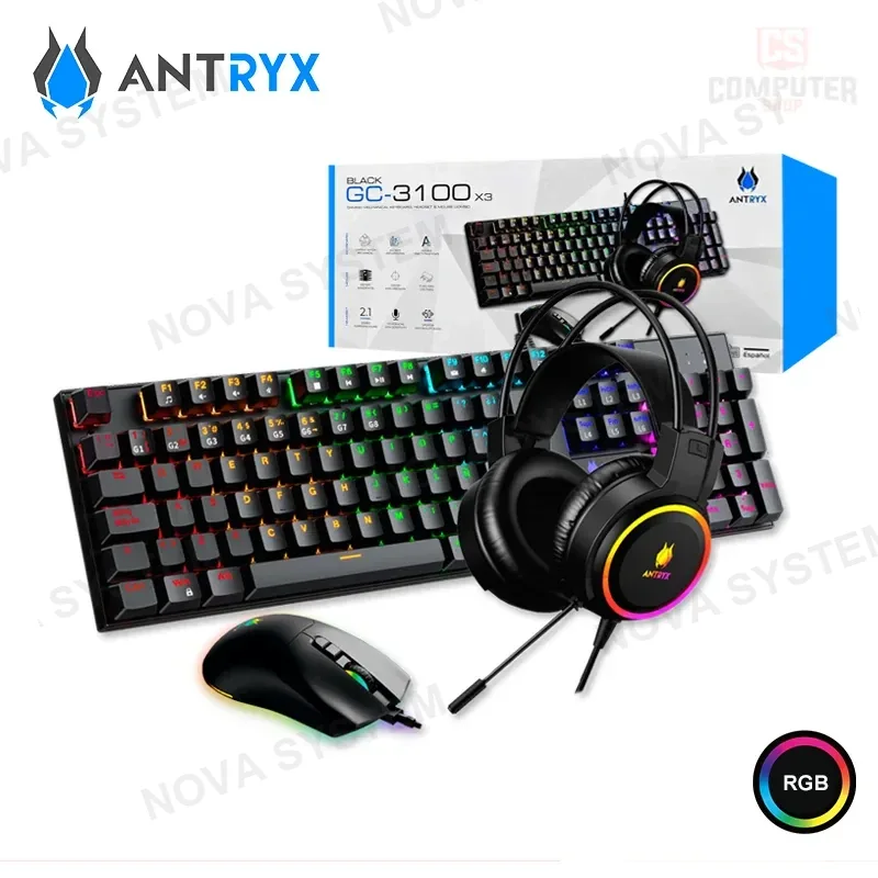 ANTRYX KIT ANTRYX GC-3100 X3 BLACK RGB TECLADO SWITCH BLUE + AUDIFONO + MOUSE (PN:AGC-3100X3KBL-SP) COMPUTERSHOP