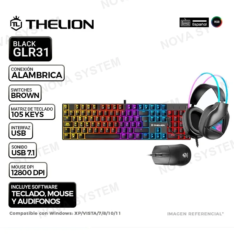 THELION KIT GAMING THELION GLR31 BLACK, TECLADO SWITCH BROWN, MOUSE Y AURICULAR 7.1, RGB